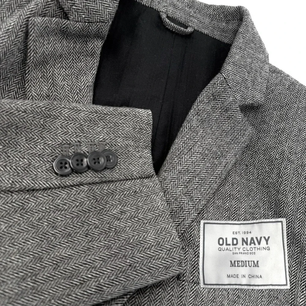 Old Navy Men Herringbone Blazer Size‎ Medium Gray Y2K Tweed Sport Coat Jacket